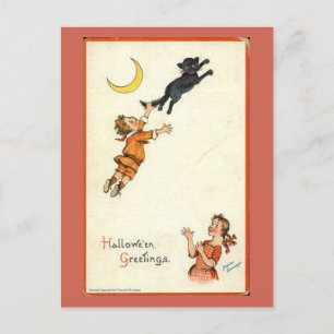 Halloween-Grüße Junge schwarzer Katzenschwanz Vint Postkarte