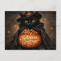 Halloween-Grüße schwarze Katze mit Süßigkeiten