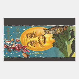 Halloween Grüße Vollmond Eule Hexe Vintage Rechteckiger Aufkleber