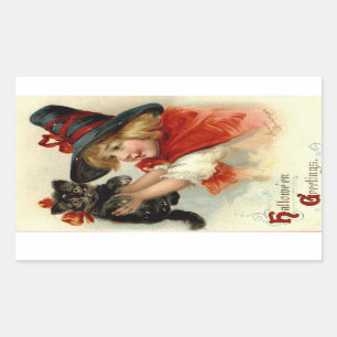 Halloween GrußGirl mit Black Cat Vintag Rechteckiger Aufkleber