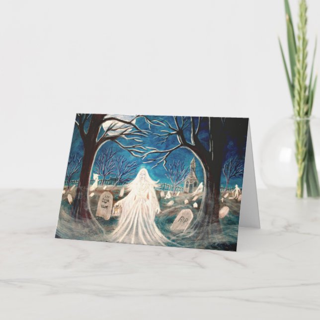 Halloween-Grußkarte, Friedhof, Geist, Grabstein Karte (Vorderseite)