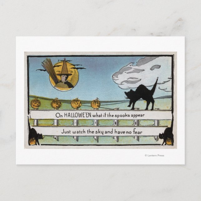 Halloween Grußkatze auf Zaun Postkarte (Vorderseite)