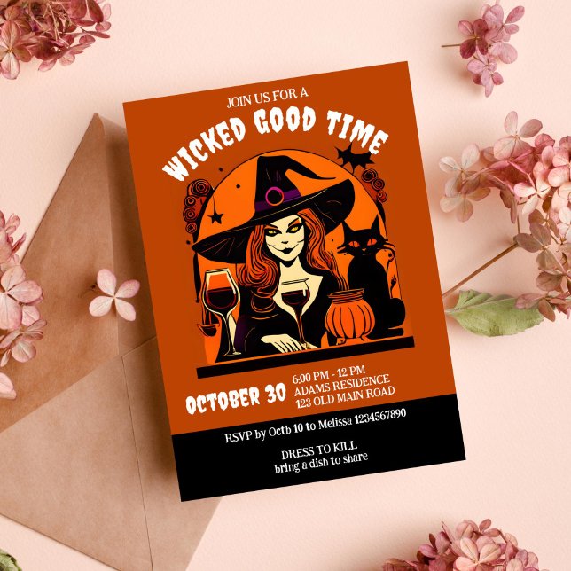 Halloween gute Zeit Hexe und erwachsene Weine Einladung (Halloween wicked good time witch and wine party template invitation instant download groovy retro)