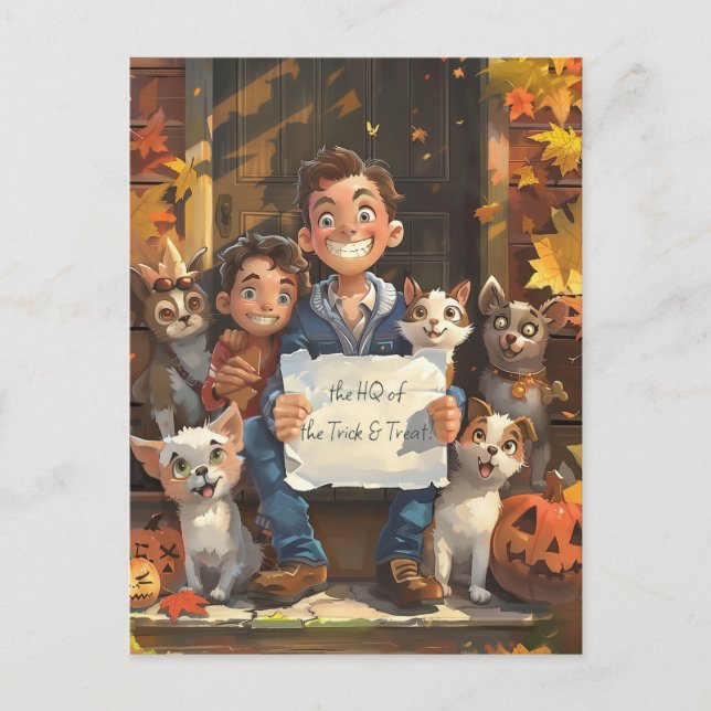 Halloween Happy Family mit Haustieren Postkarte (Vorderseite)