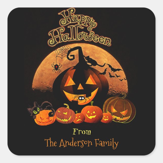 Halloween - Happy Halloween Pumpkins Quadratischer Aufkleber (Vorderseite)