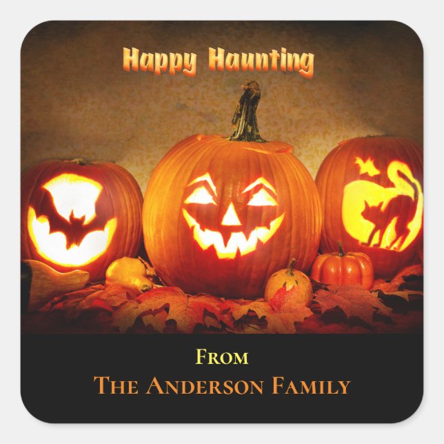 Halloween - Happy Haunting Pumpkins Quadratischer Aufkleber (Vorderseite)