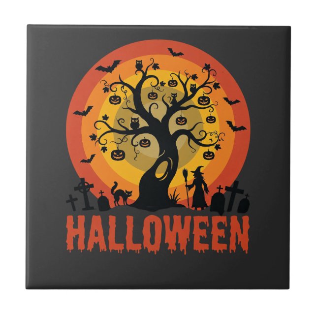 Halloween Haunted Tree Witch and Black Cats Fliese (Vorderseite)