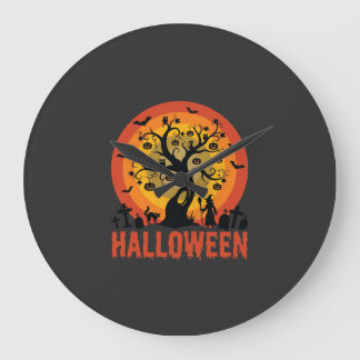 Halloween Haunted Tree Witch and Black Cats Große Wanduhr