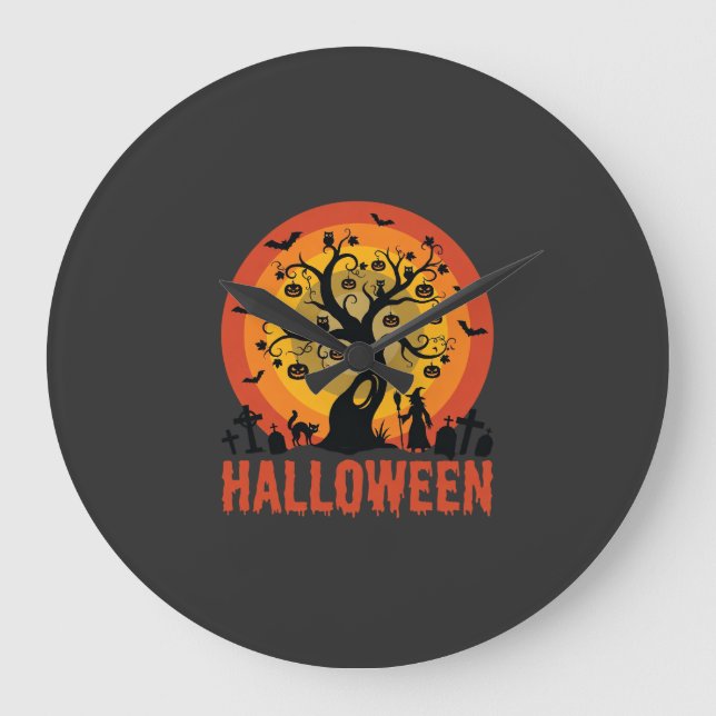 Halloween Haunted Tree Witch and Black Cats Große Wanduhr (Vorderseite)