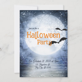 Halloween Haunting Full Moon Blue White Bats Einladung