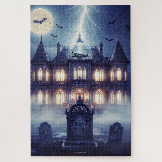 Halloween-Haus mit Frankie, dunkelblau Puzzle