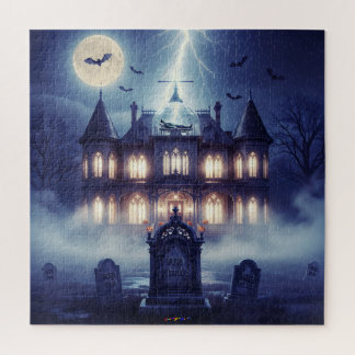 Halloween-Haus mit Frankie, dunkelblau Puzzle