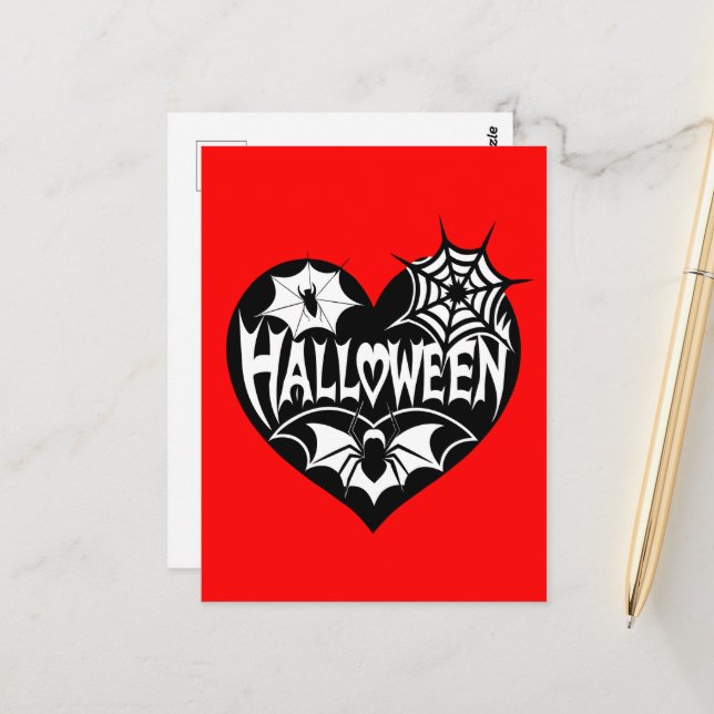 Halloween Heart, Black Heart Shape, Spider Web Postkarte (Vorderseite/Rückseite Beispiel)