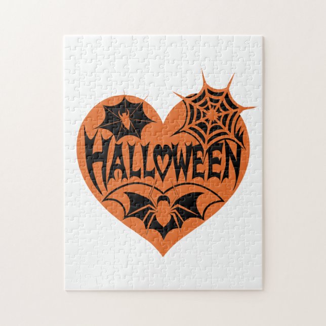 Halloween Heart, Orange Heart Shape, Spider Web Puzzle (Vertikal)