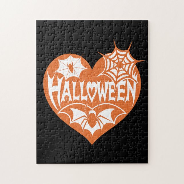 Halloween Heart, Orange Heart Shape, Spider Web Puzzle (Vertikal)