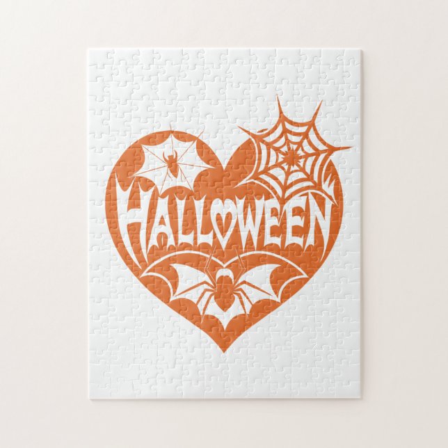Halloween Heart, Orange Heart Shape, Spider Web Puzzle (Vertikal)