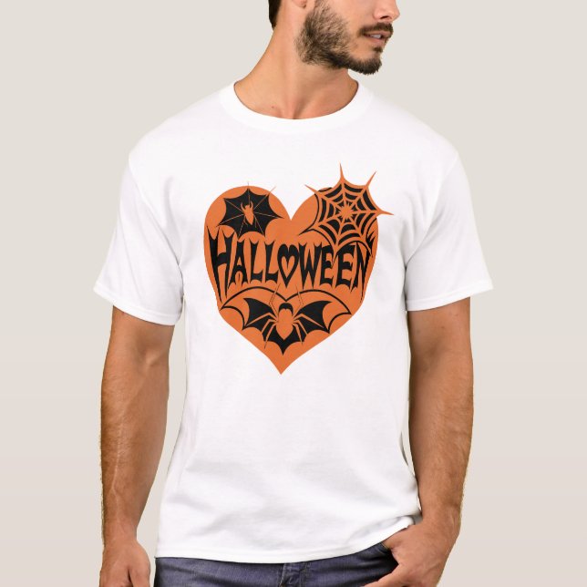 Halloween Heart, Orange Heart Shape, Spider Web T-Shirt (Vorderseite)