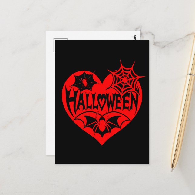 Halloween Heart, Red Heart Shape, Spider Web Postkarte (Vorderseite/Rückseite Beispiel)