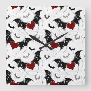 Halloween heart with black bat wings quadratische wanduhr