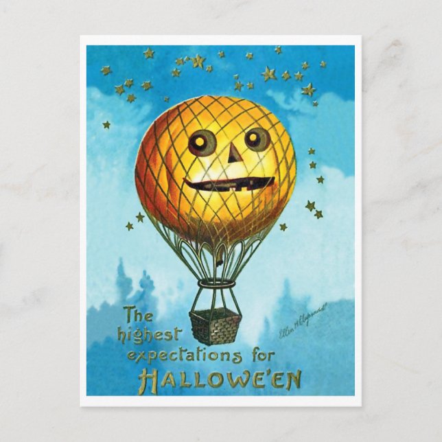 Halloween Heißluftballon über dem Himmel, Vintag Postkarte (Vorderseite)