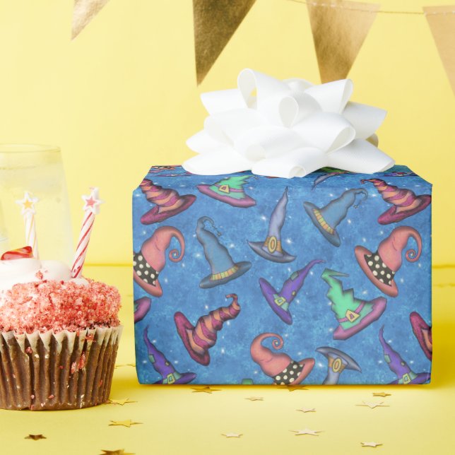 Halloween-Henkerhüte auf Blau  Geschenkpapier (Geburtstagsparty)
