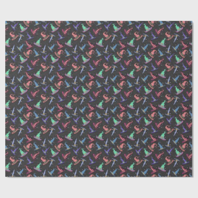 Halloween-Henkerhüte auf Schwarz  Geschenkpapier (Flach)