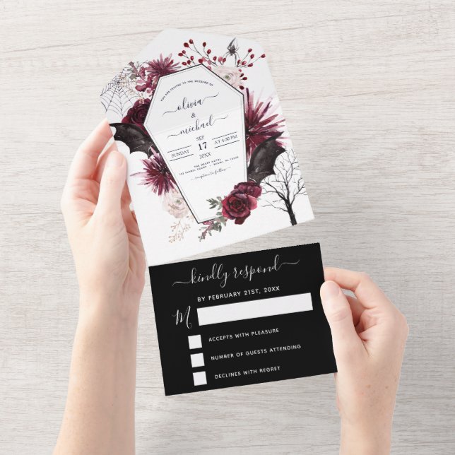 Halloween Herbst Dunkler Burgund Schwarz All In One Einladung (Abreißen)