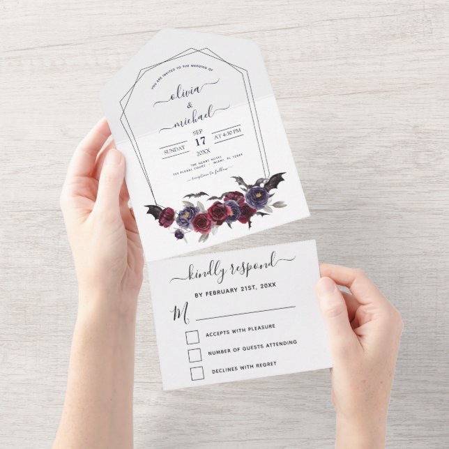 Halloween Herbst Dunkler Burgund Schwarz All In One Einladung (Abreißen)