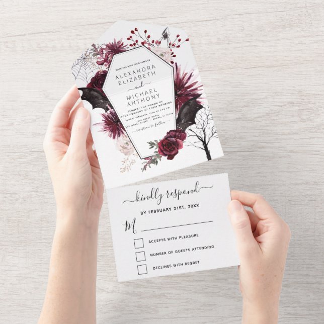 Halloween Herbst Dunkler Burgund Schwarz All In One Einladung (Abreißen)