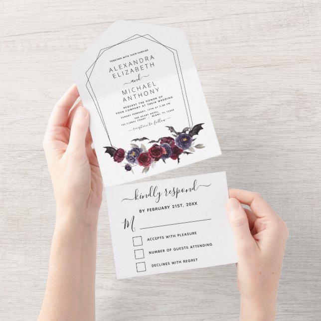 Halloween Herbst Dunkler Burgund Schwarz All In One Einladung (Abreißen)