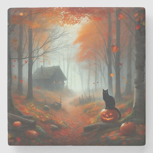 Halloween/Herbst/Herbst/Kürbis/Katze Steinuntersetzer (Vorderseite)