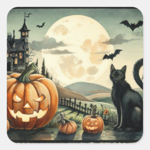 Halloween/Herbst/Spätherbst/Kürbis/Katze Quadratischer Aufkleber