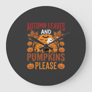 Halloween Herbstlaub und Kürbisse Gruseliger Vekto Große Wanduhr