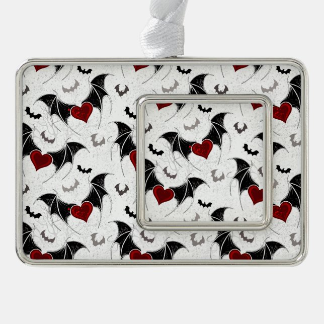 Halloween-Herz mit schwarzen Fledermausflügeln Rahmen-Ornament Silber (Vorderseite)