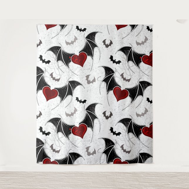 Halloween-Herz mit schwarzen Fledermausflügeln Wandteppich (Vorderseite)