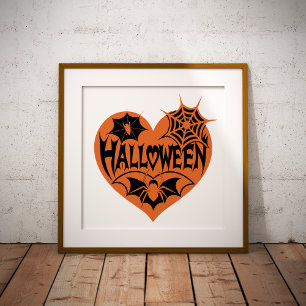 Halloween-Herz, orange Herzform, Spinnennetz Fotodruck