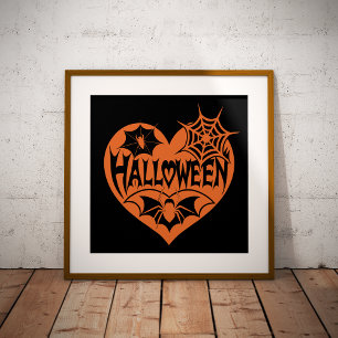Halloween-Herz, orange Herzform, Spinnennetz Poster
