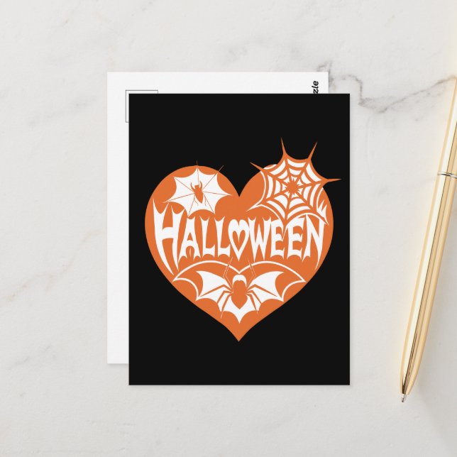 Halloween-Herz, orange Herzform, Spinnennetz Postkarte (Vorderseite/Rückseite Beispiel)