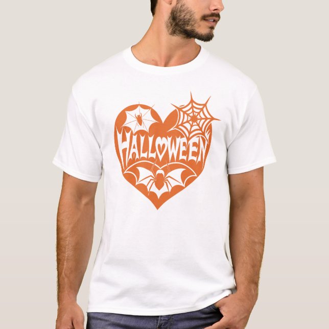 Halloween-Herz, Orange Herzform, Spinnennetz T-Shirt (Vorderseite)