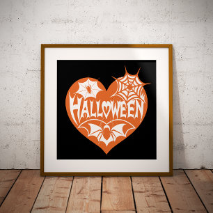 Halloween Herz, Orangefarbene Herzform, Spinnennet Foliendrucke