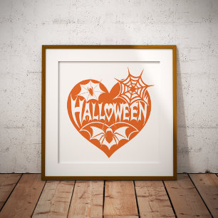 Halloween Herz, Orangefarbene Herzform, Spinnennet Foliendrucke