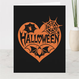 Halloween Herz, Orangefarbene Herzform, Spinnennet Karte