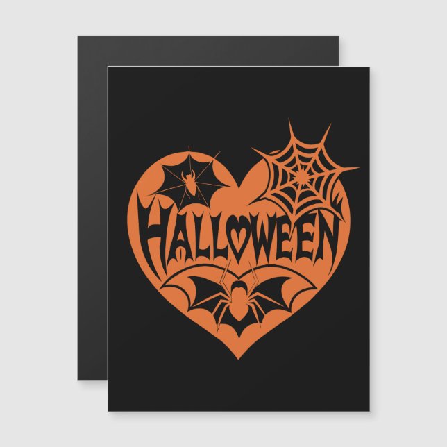 Halloween Herz, Orangefarbene Herzform, Spinnennet Magneteinladung (Vorne/Hinten)