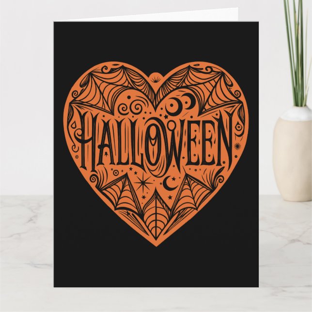 Halloween Herz, Orangefarbene Herzform, Urlaub Karte (Vorderseite)