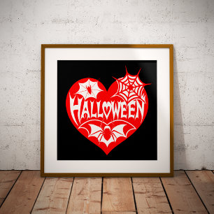 Halloween-Herz, rotes Herz, Spinnennetz Fotodruck