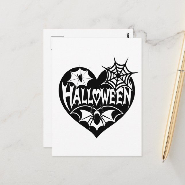 Halloween Herz, Schwarze Herzform, Spiegeleflex Postkarte (Vorderseite/Rückseite Beispiel)