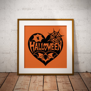 Halloween-Herz, schwarze Herzform, Spinnennetz Fotodruck