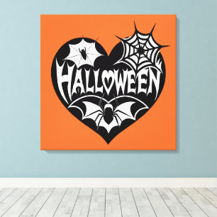 Halloween-Herz, schwarze Herzform, Spinnennetz Leinwanddruck