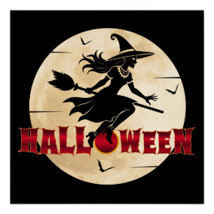 Halloween-Hexe auf Besen Poster