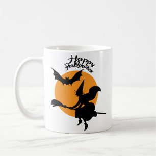 Halloween-Hexe auf Besenstiel mit Fledermaus, Hexe Kaffeetasse